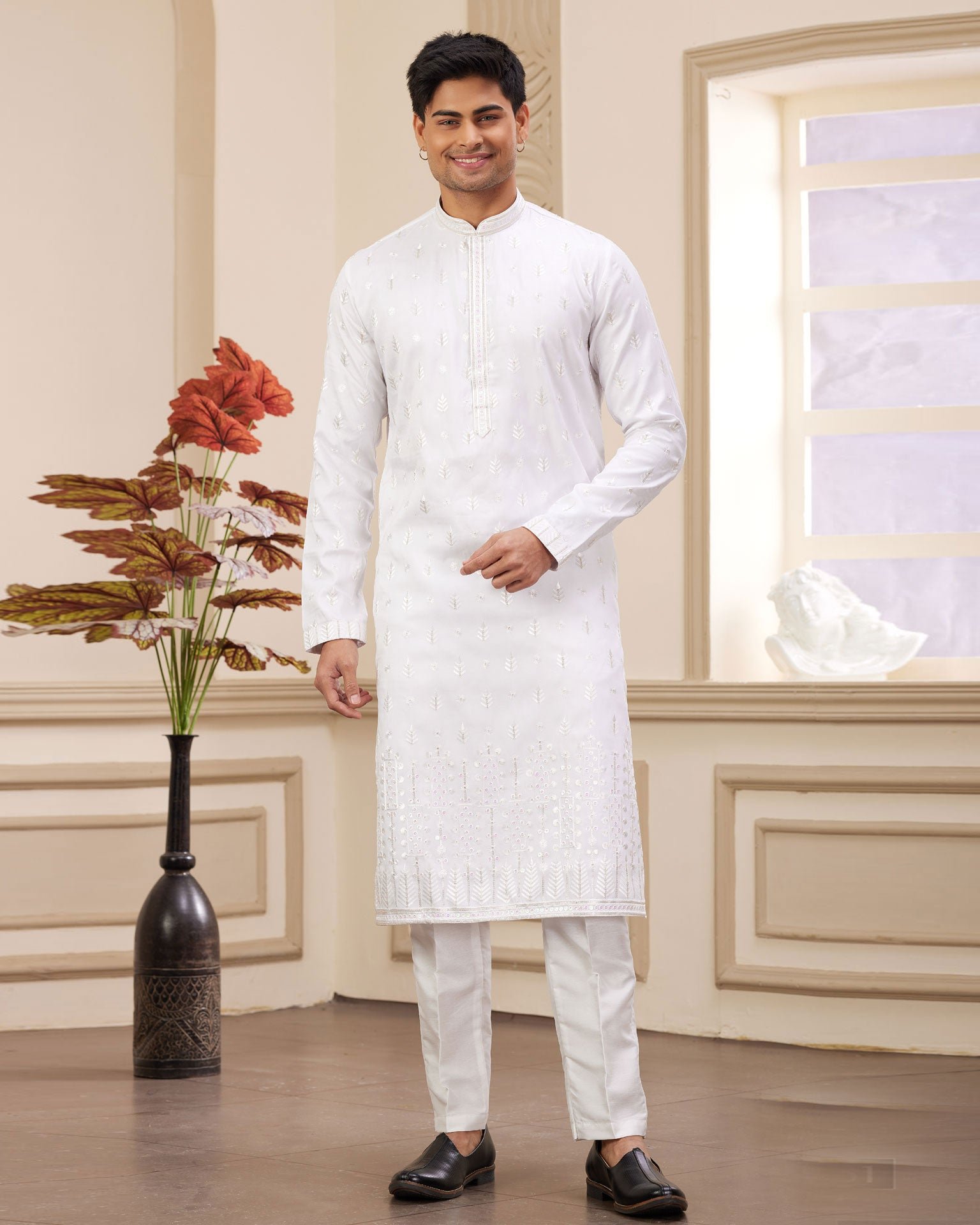 Off White Art Silk Embroidered Readymade Men Kurta Pajama Set