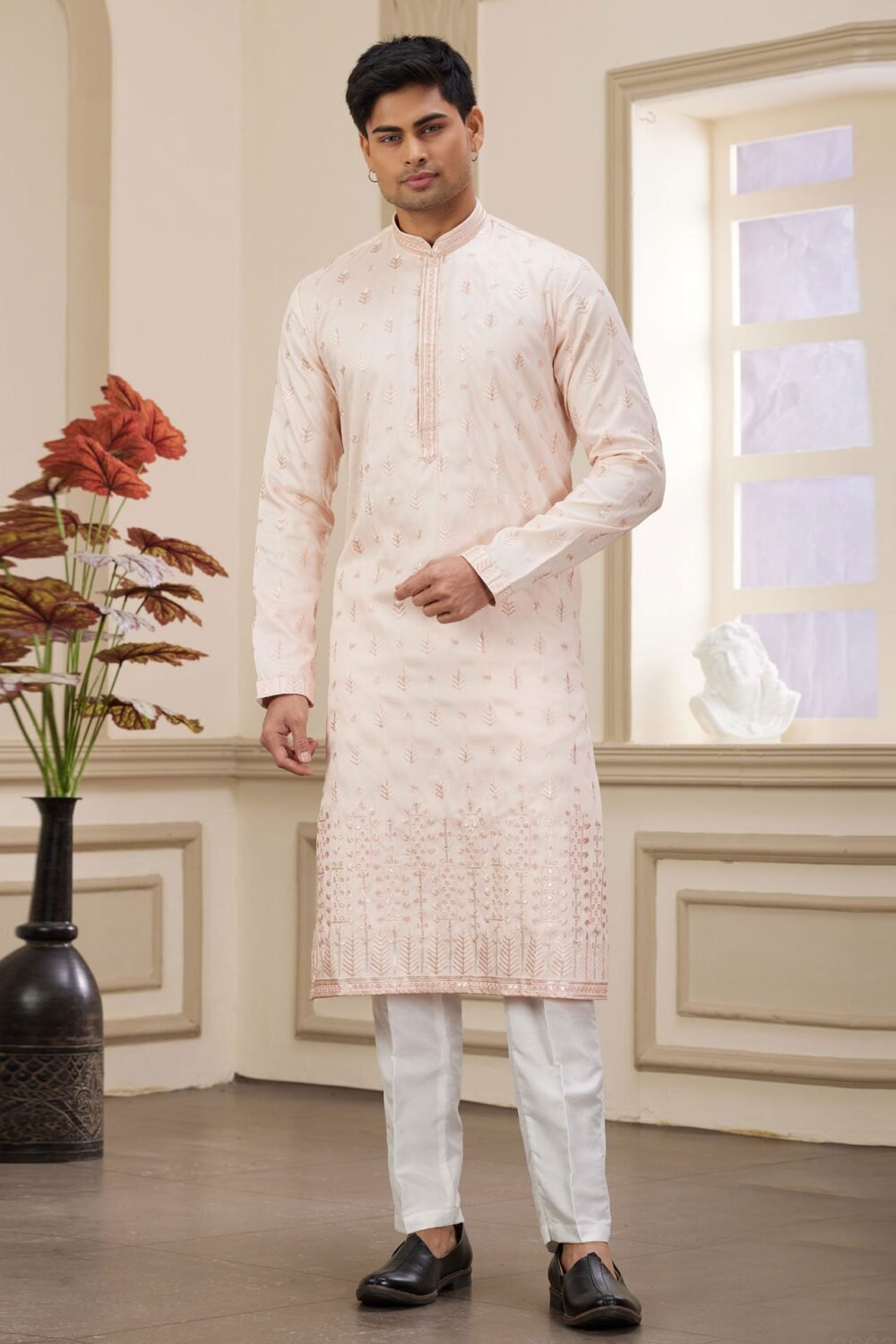 Pink Art Silk Embroidered Readymade Men Kurta Pajama Set