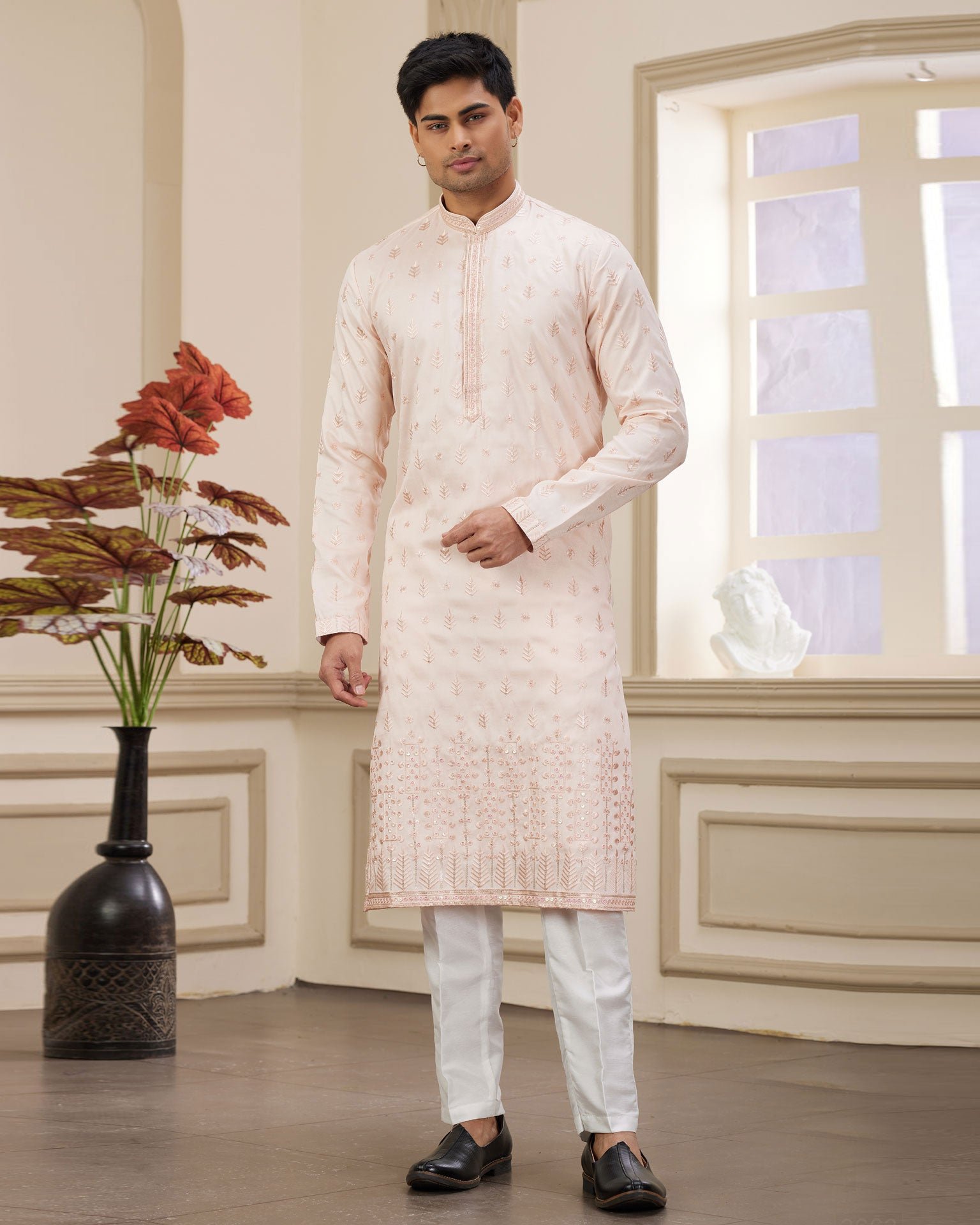Pink Art Silk Embroidered Readymade Men Kurta Pajama Set