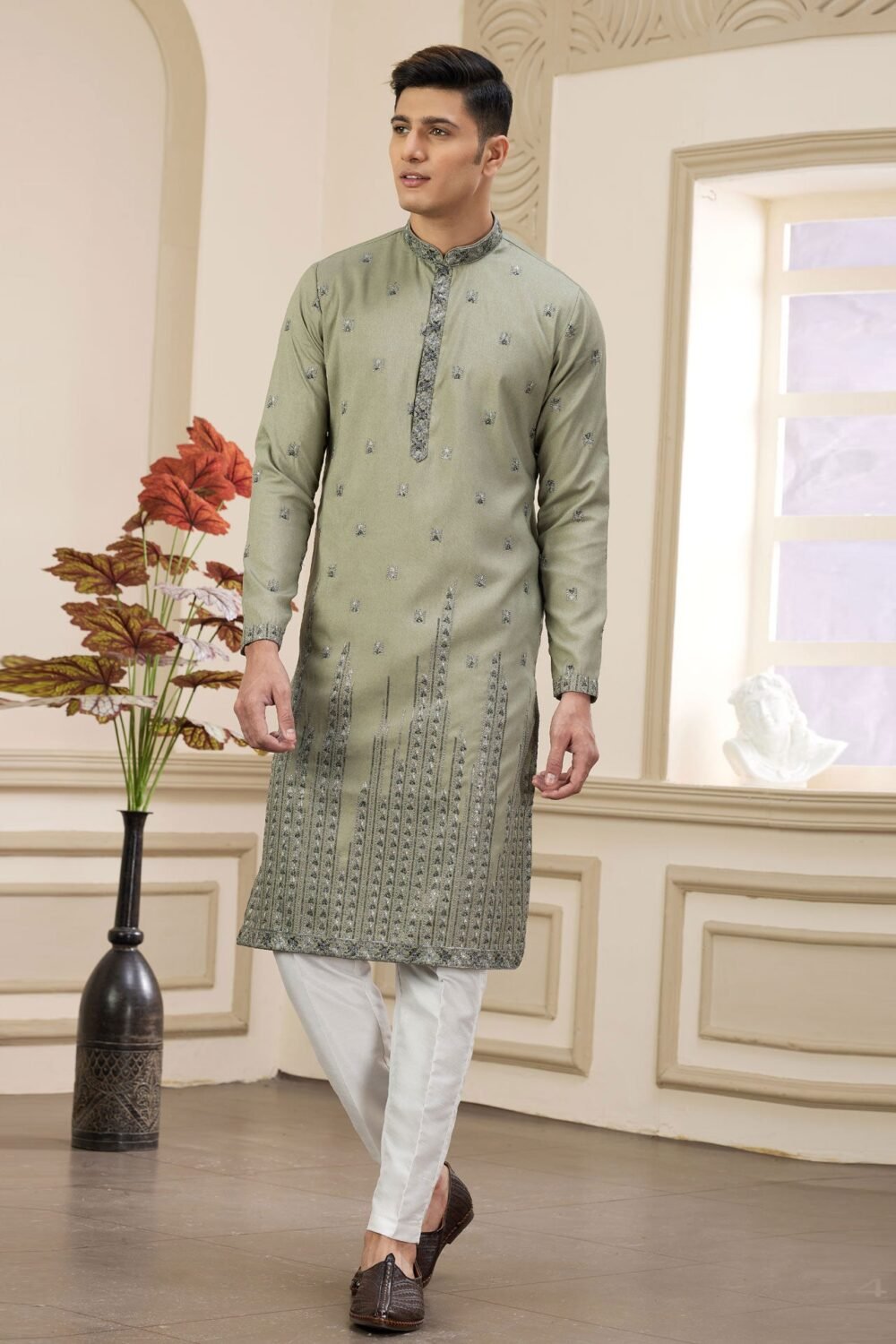 Green Art Silk Embroidered Readymade Men Kurta Pajama Set