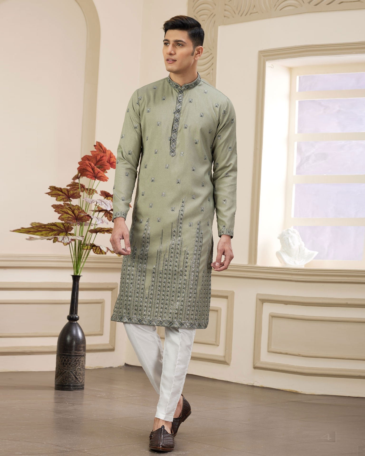 Green Art Silk Embroidered Readymade Men Kurta Pajama Set