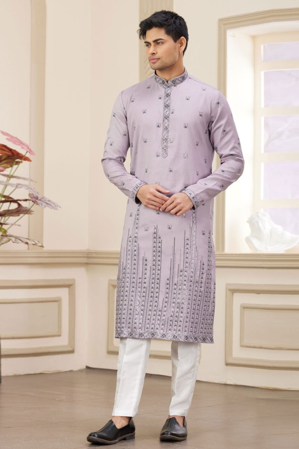 Purple Art Silk Embroidered Readymade Men Kurta Pajama Set