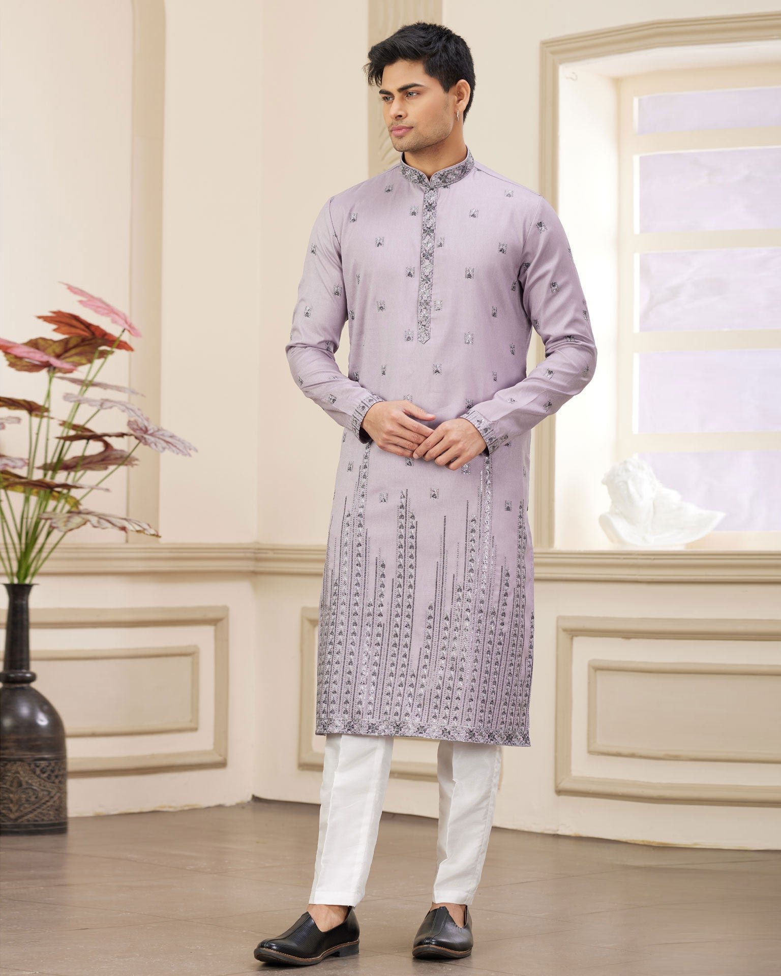 Purple Art Silk Embroidered Readymade Men Kurta Pajama Set