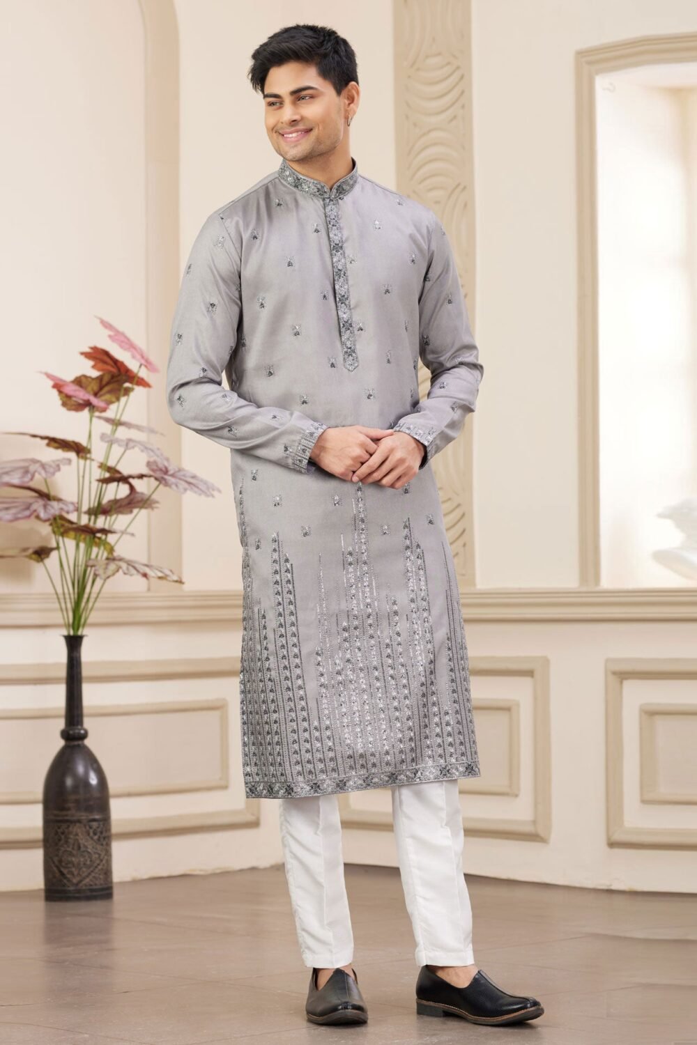 Grey Art Silk Embroidered Readymade Men Kurta Pajama Set