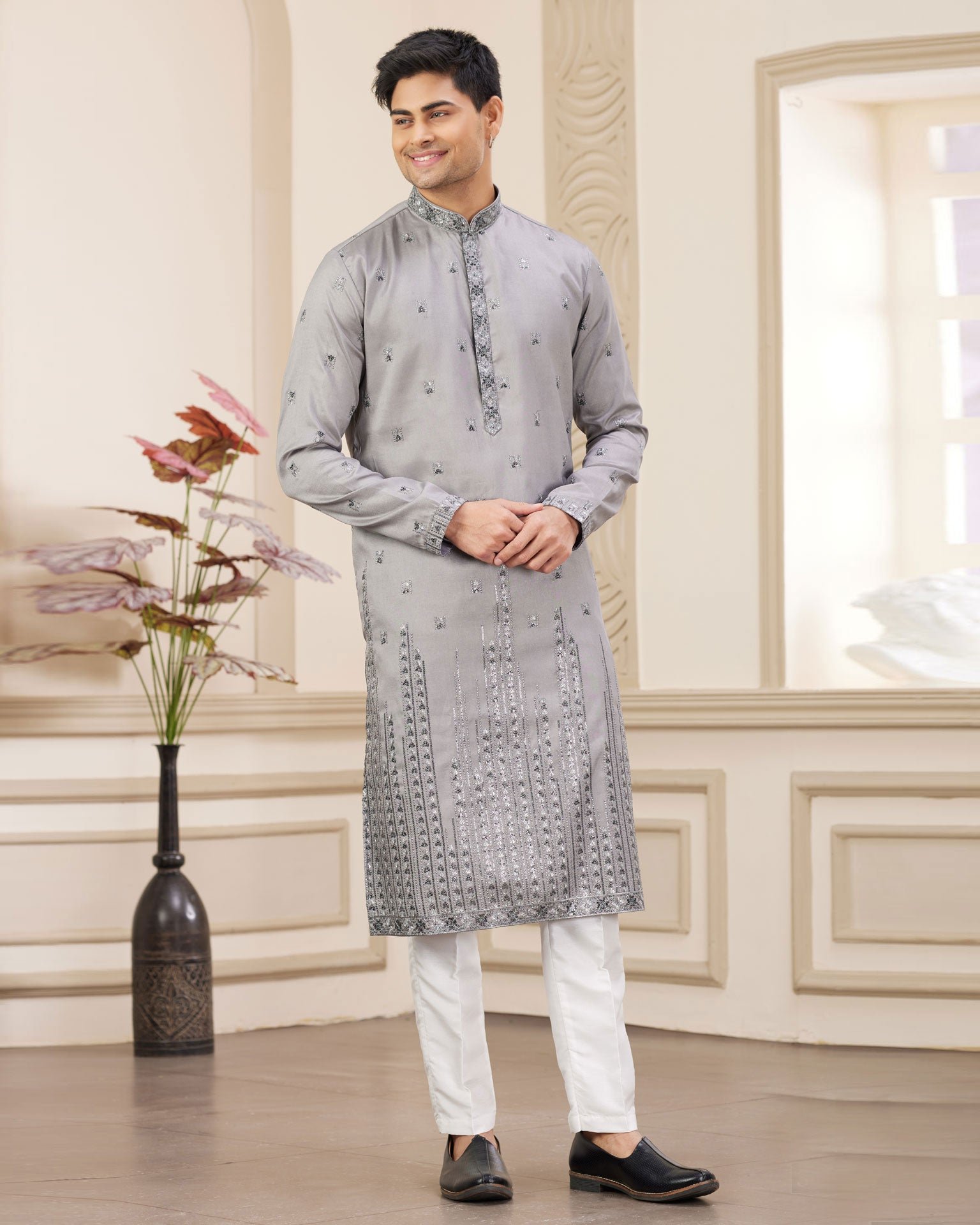 Grey Art Silk Embroidered Readymade Men Kurta Pajama Set