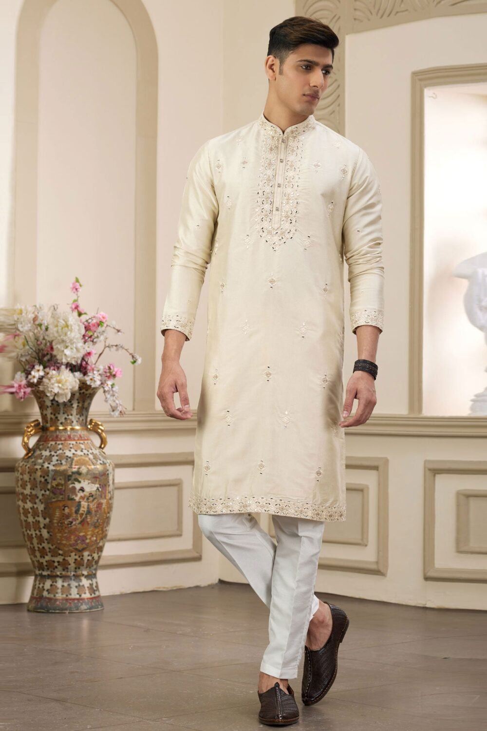 Beige Banarasi Art Silk Mirror Work Readymade Men Kurta Pajama Set