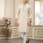 Beige Banarasi Art Silk Mirror Work Readymade Men Kurta Pajama Set