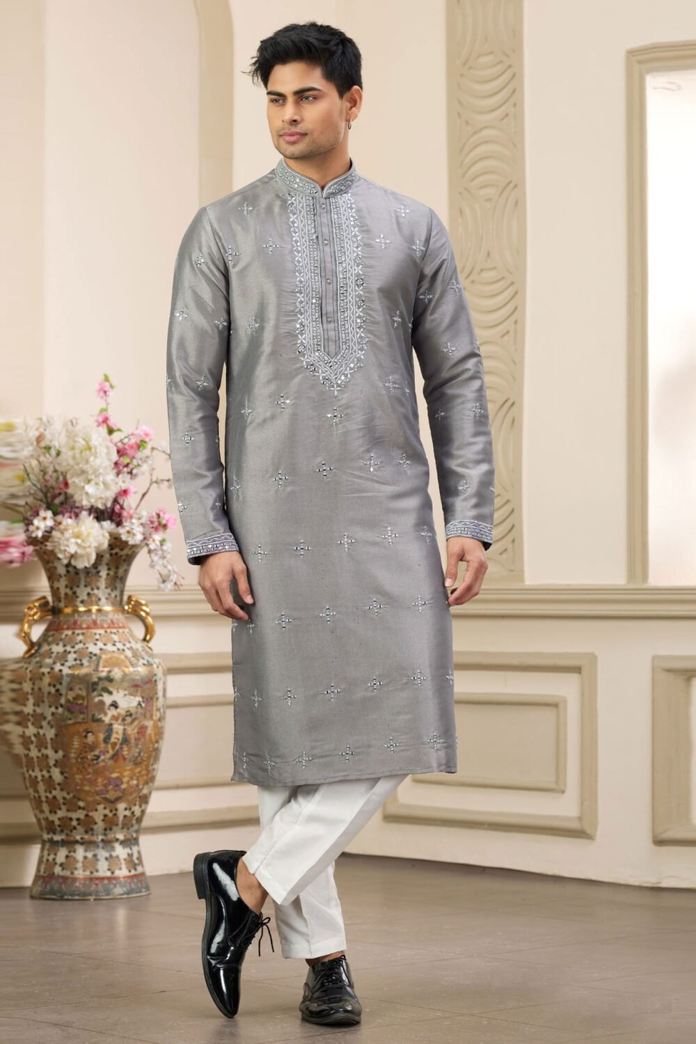 Grey Banarasi Art Silk Mirror Work Readymade Men Kurta Pajama Set