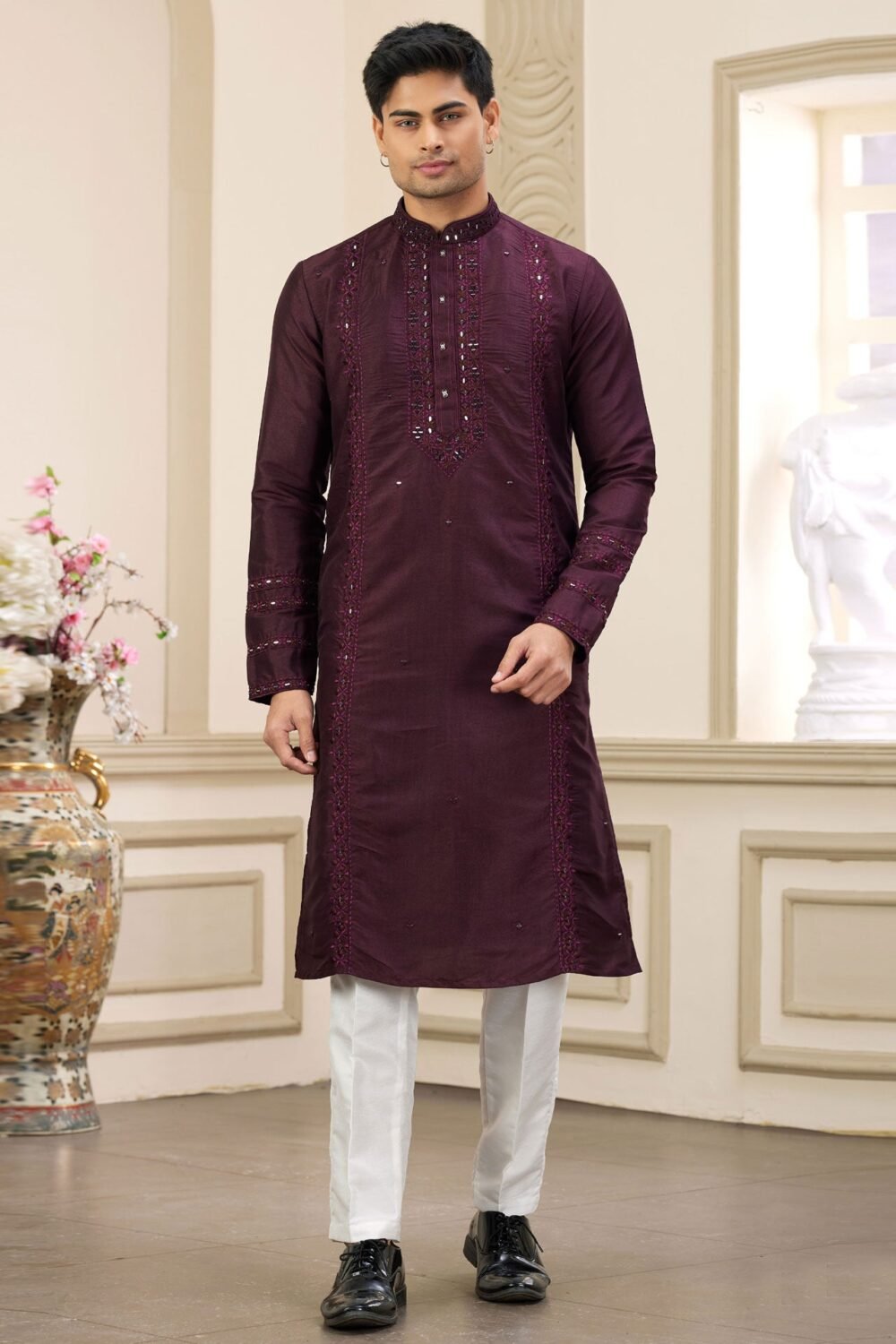 Wine Banarasi Art Silk Mirror Work Readymade Men Kurta Pajama Set