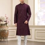 Wine Banarasi Art Silk Mirror Work Readymade Men Kurta Pajama Set