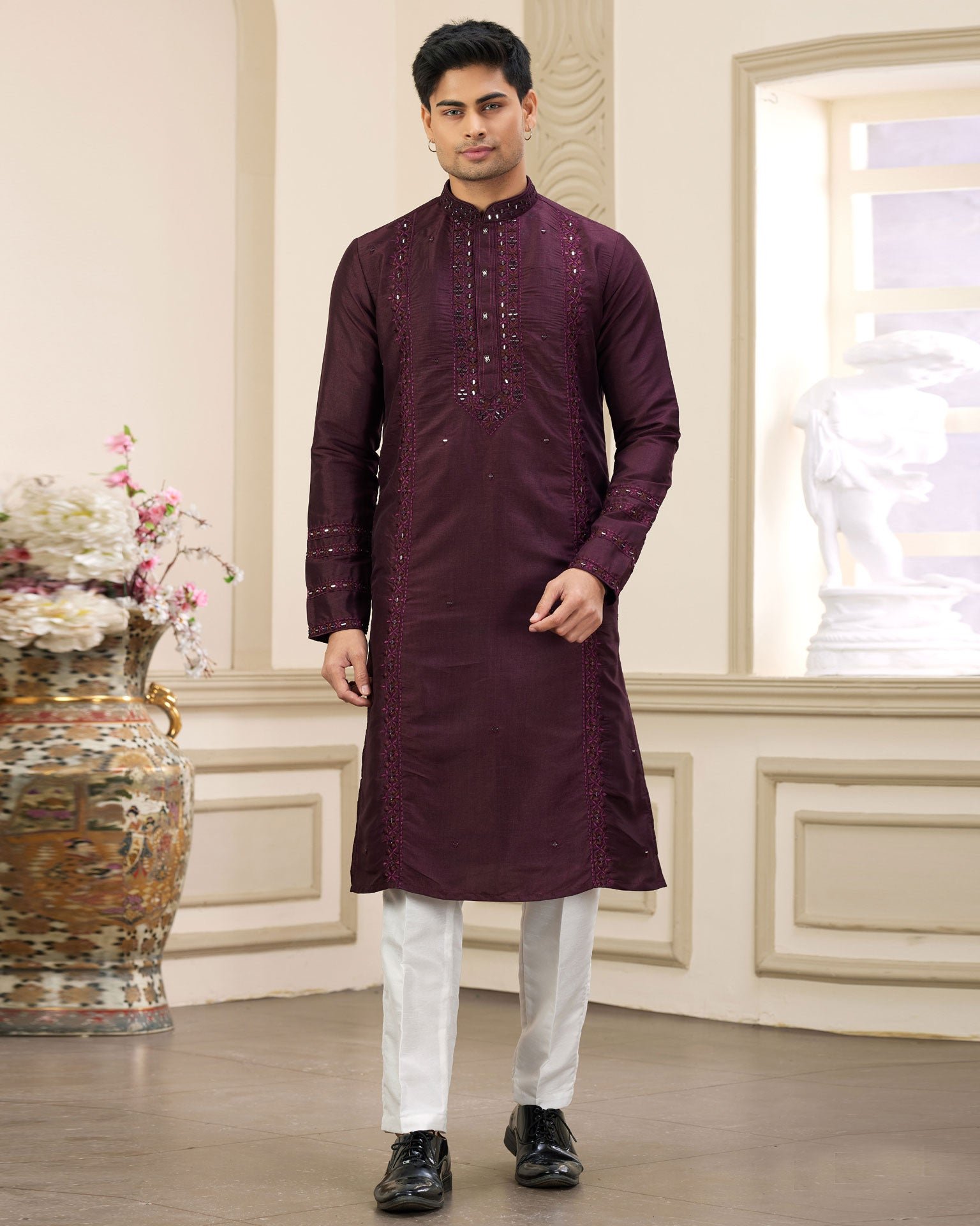 Wine Banarasi Art Silk Mirror Work Readymade Men Kurta Pajama Set