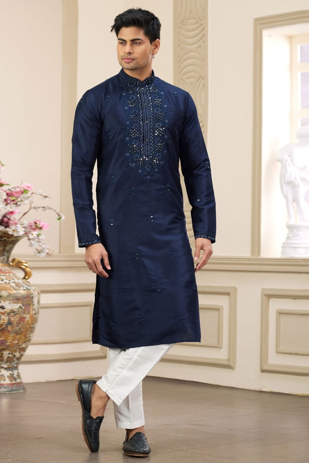 Blue Banarasi Art Silk Mirror Work Readymade Men Kurta Pajama Set