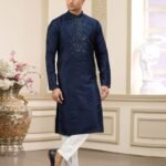 Blue Banarasi Art Silk Mirror Work Readymade Men Kurta Pajama Set