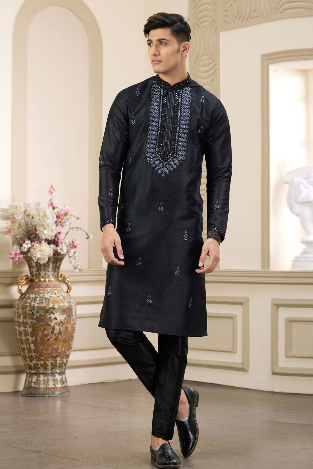 Black Banarasi Art Silk Mirror Work Readymade Men Kurta Pajama Set