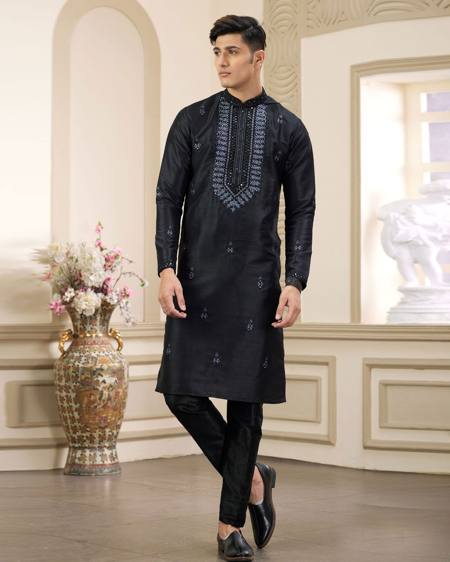 Black Banarasi Art Silk Mirror Work Readymade Men Kurta Pajama Set