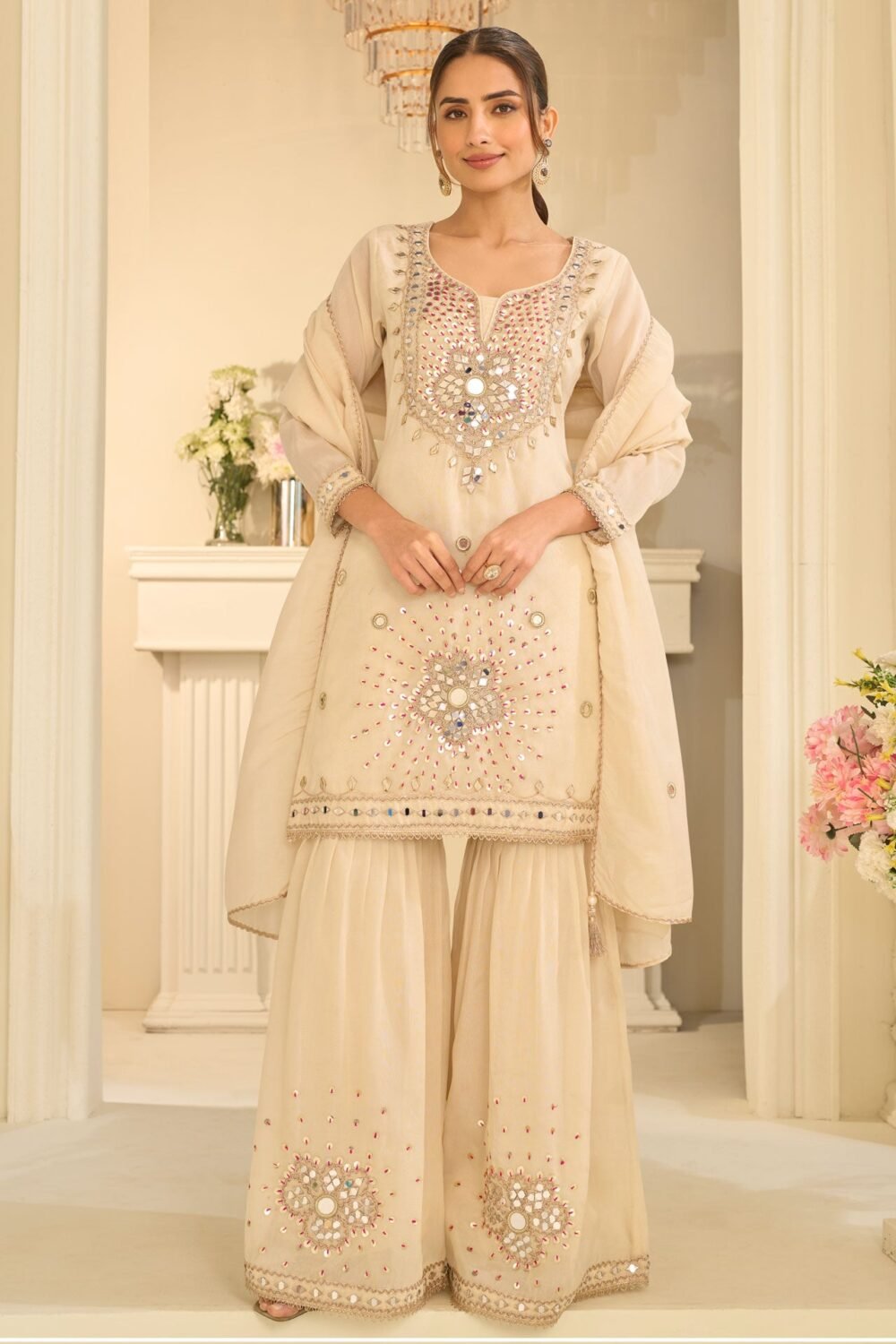 Cream Simar Silk Mirror Work Readymade Woman Sharara Suit