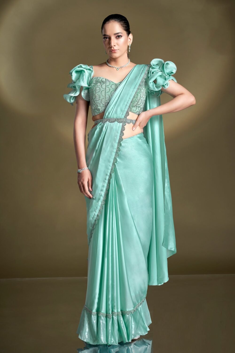 Crepe Satin Silk Sea Green Women Readymade Saree With Stitched Blouse