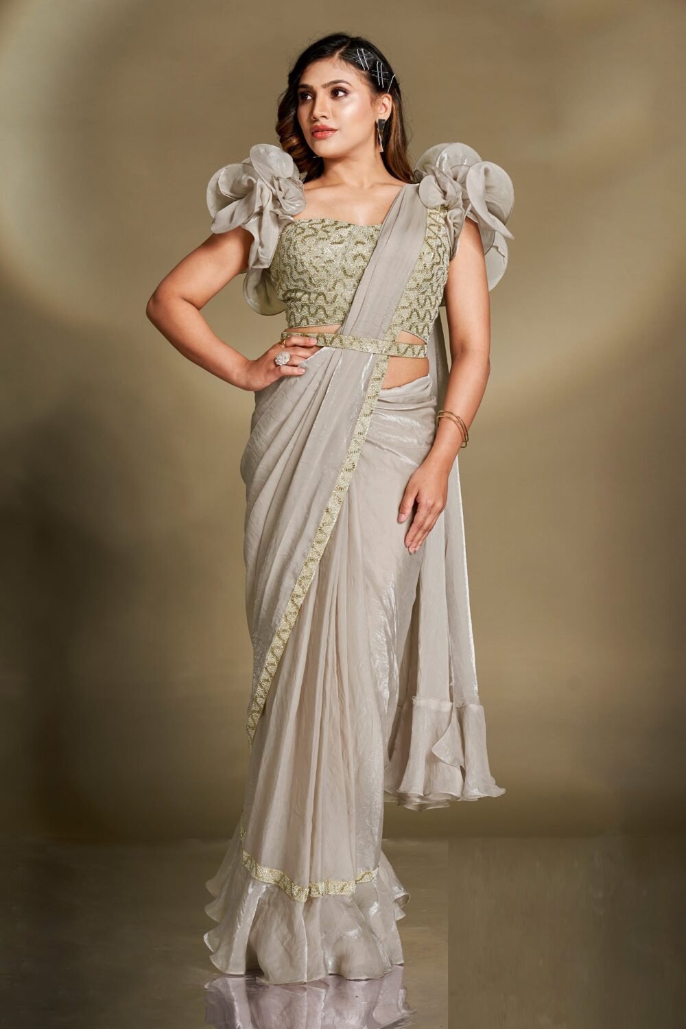 Satin Silk Two Tone Grey Women Readymade Saree With Stitched Blouse