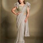Satin Silk Two Tone Grey Women Readymade Saree With Stitched Blouse