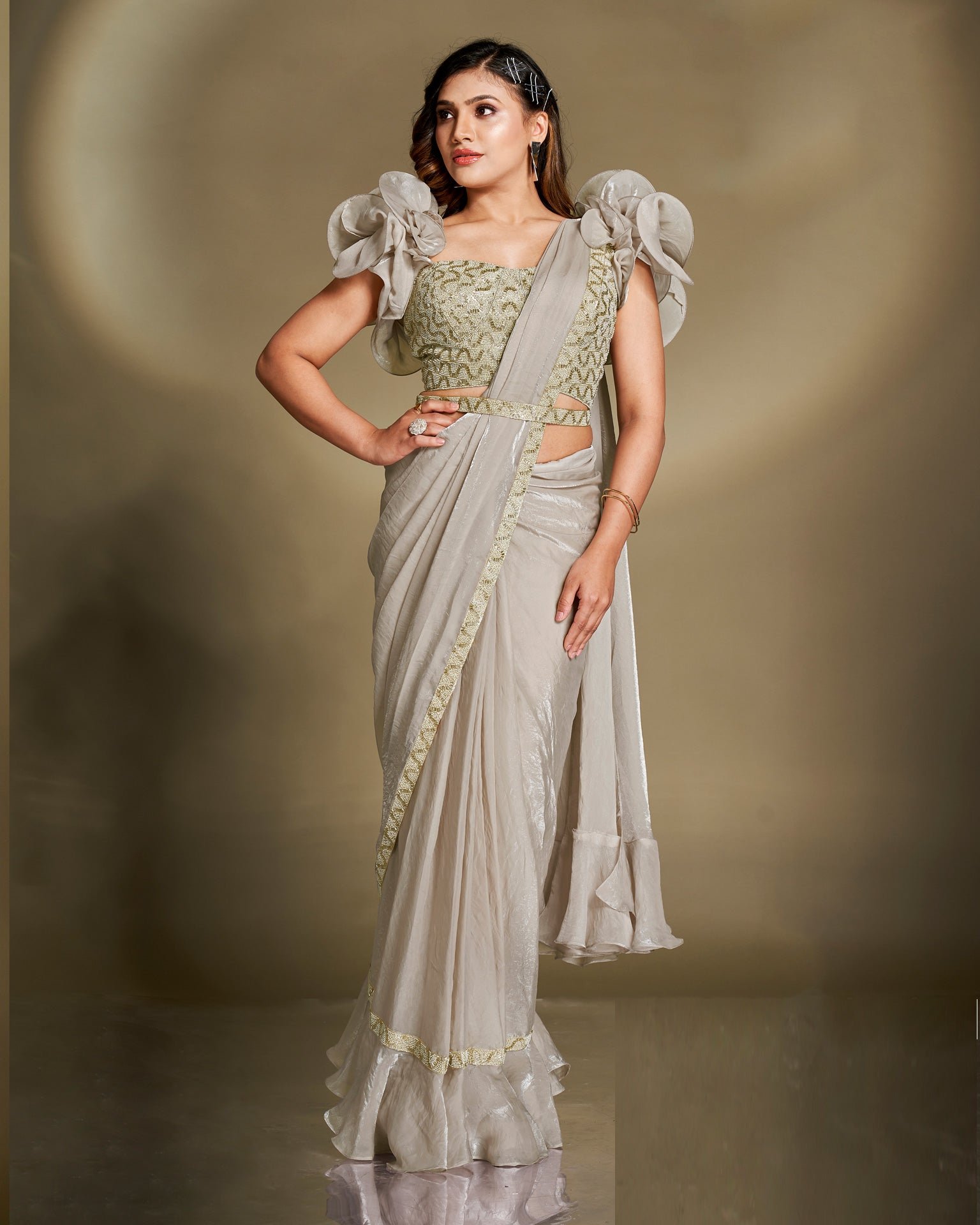 Satin Silk Two Tone Grey Women Readymade Saree With Stitched Blouse