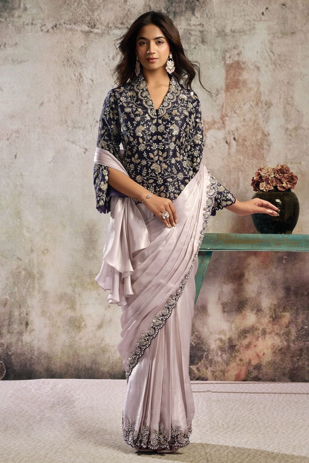 Cream Purple Metallic Glossy Satin Women One Minute Saree With Stitched Blouse