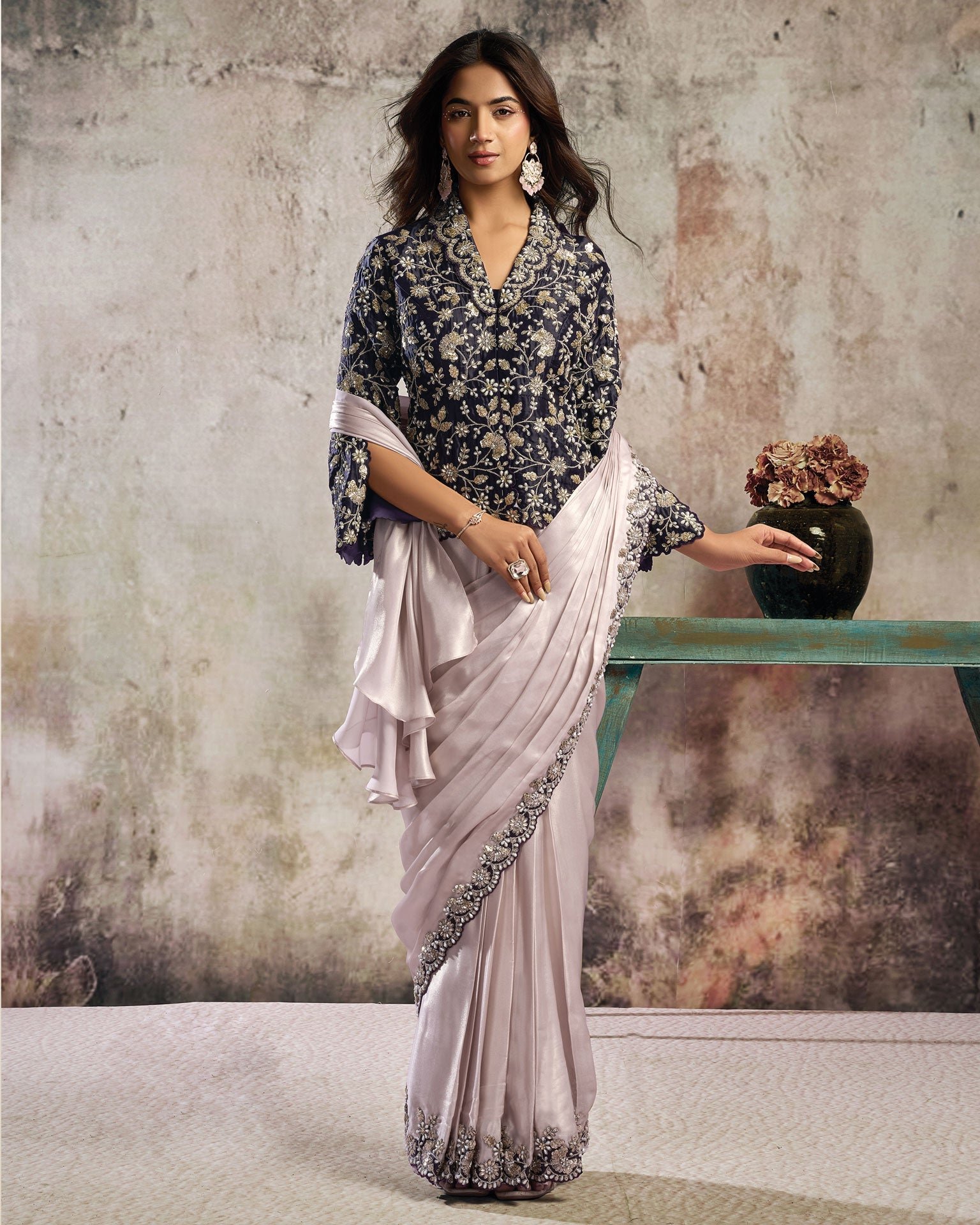 Cream Purple Metallic Glossy Satin Women One Minute Saree With Stitched Blouse
