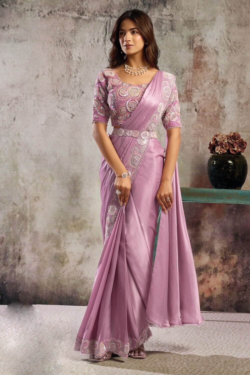 Pink Lustrous Satin Women One Minute Saree With Stitched Blouse