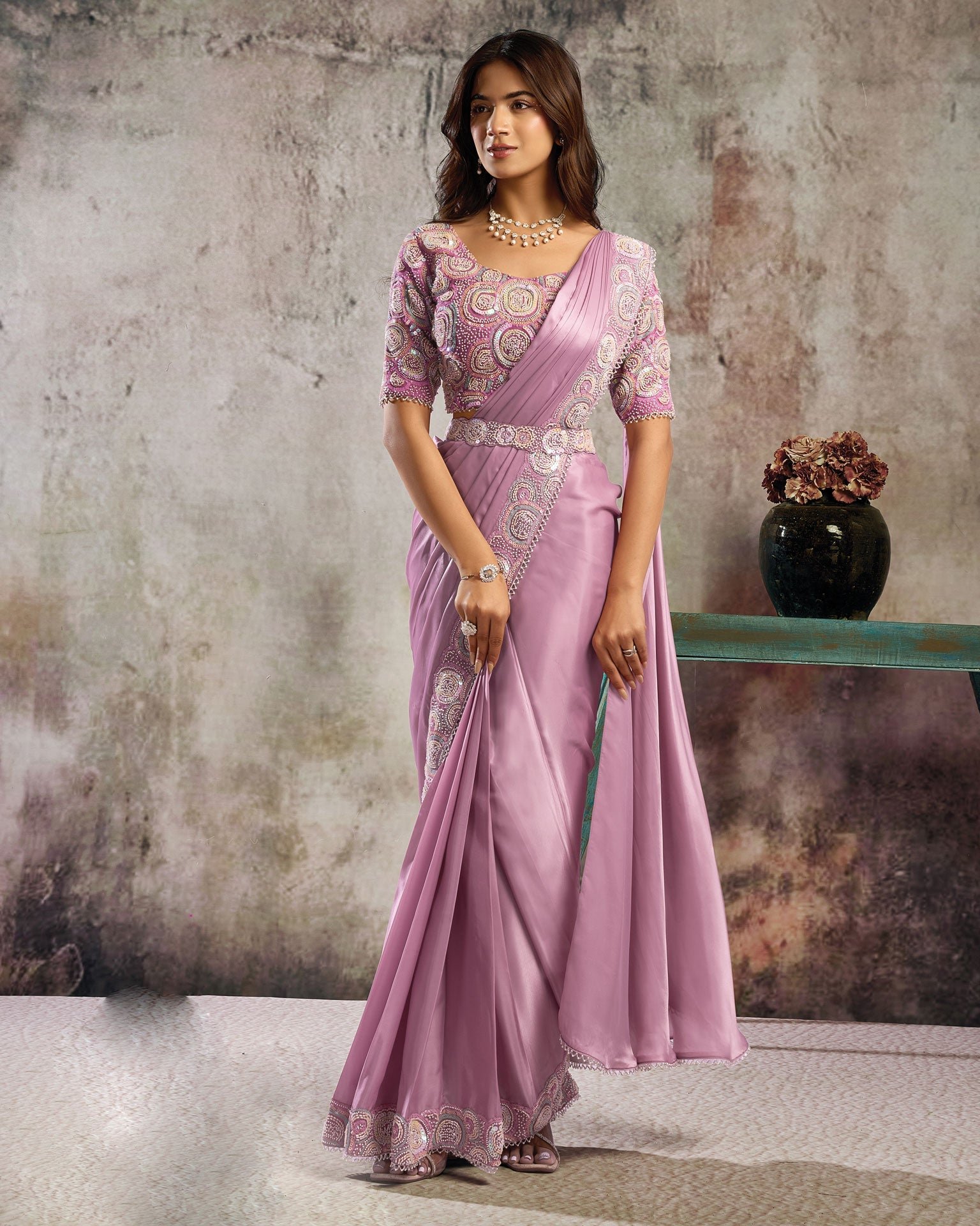 Pink Lustrous Satin Women One Minute Saree With Stitched Blouse