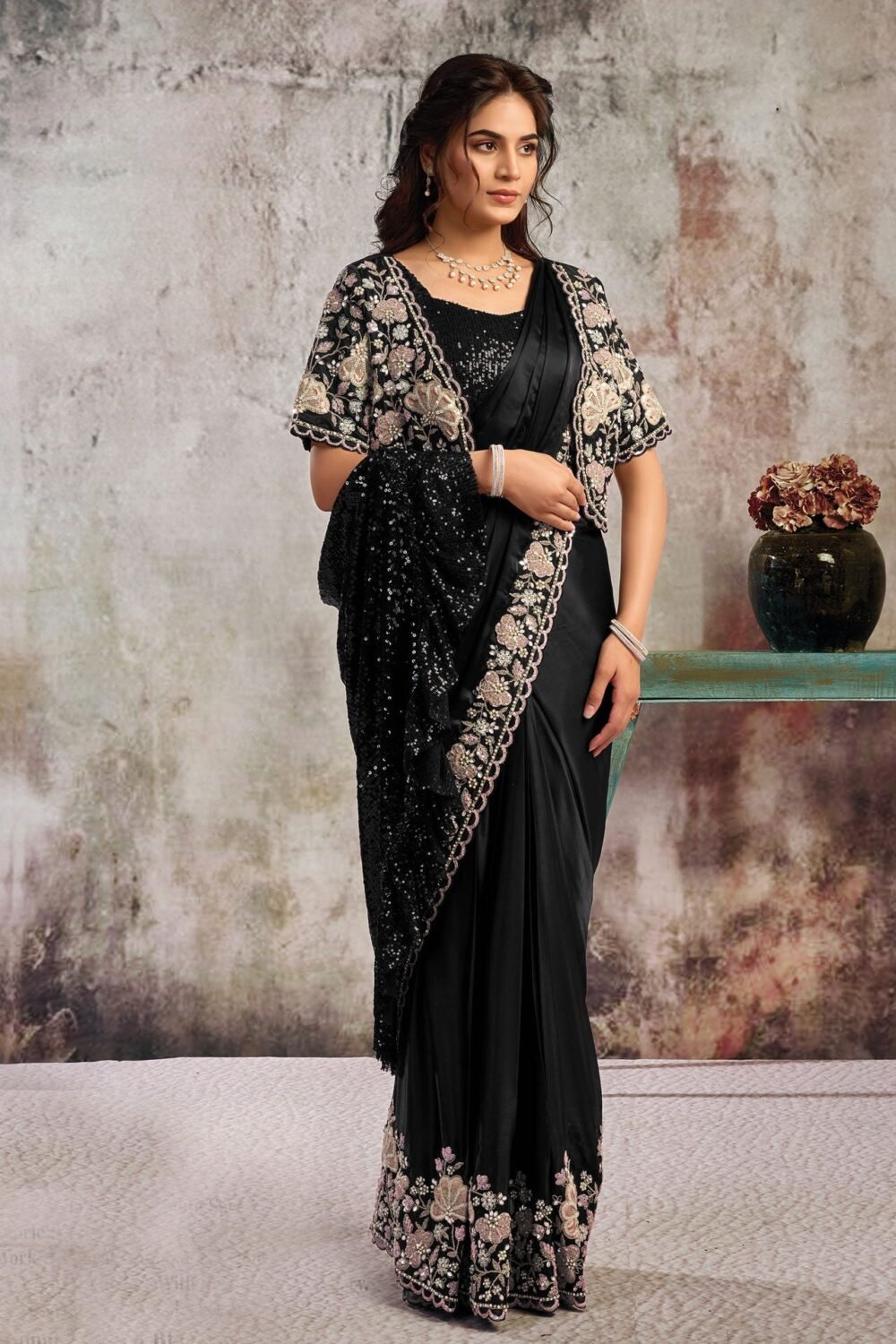 Black Lustrous Satin Women One Minute Saree With Stitched Blouse