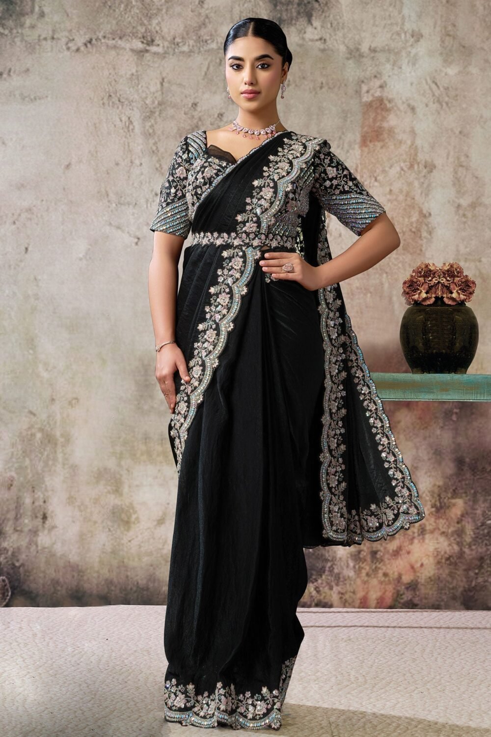Black Two Tone Satin Silk Women One Minute Saree With Stitched Blouse