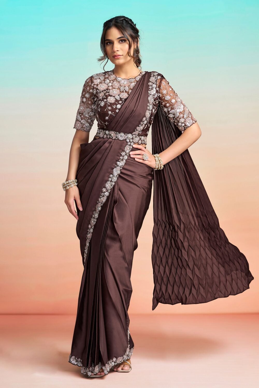 Coffee Brown Lustrous Satin Silk Women One Minute Saree With Stitched Blouse