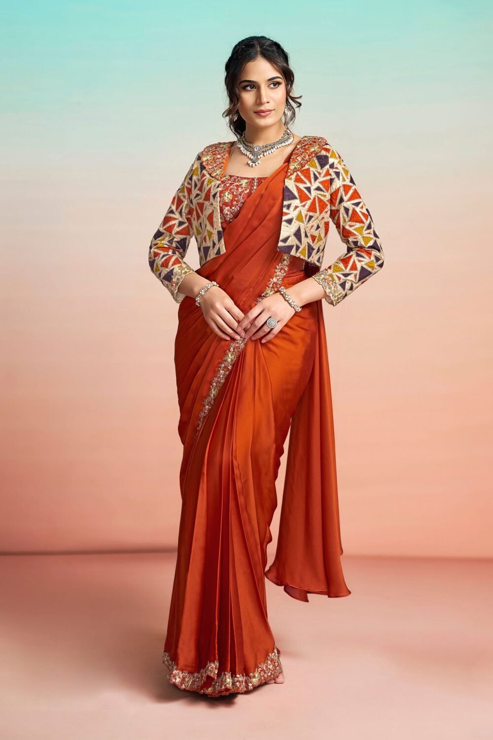 Orange Lustrous Satin Silk Women One Minute Saree With Stitched Blouse