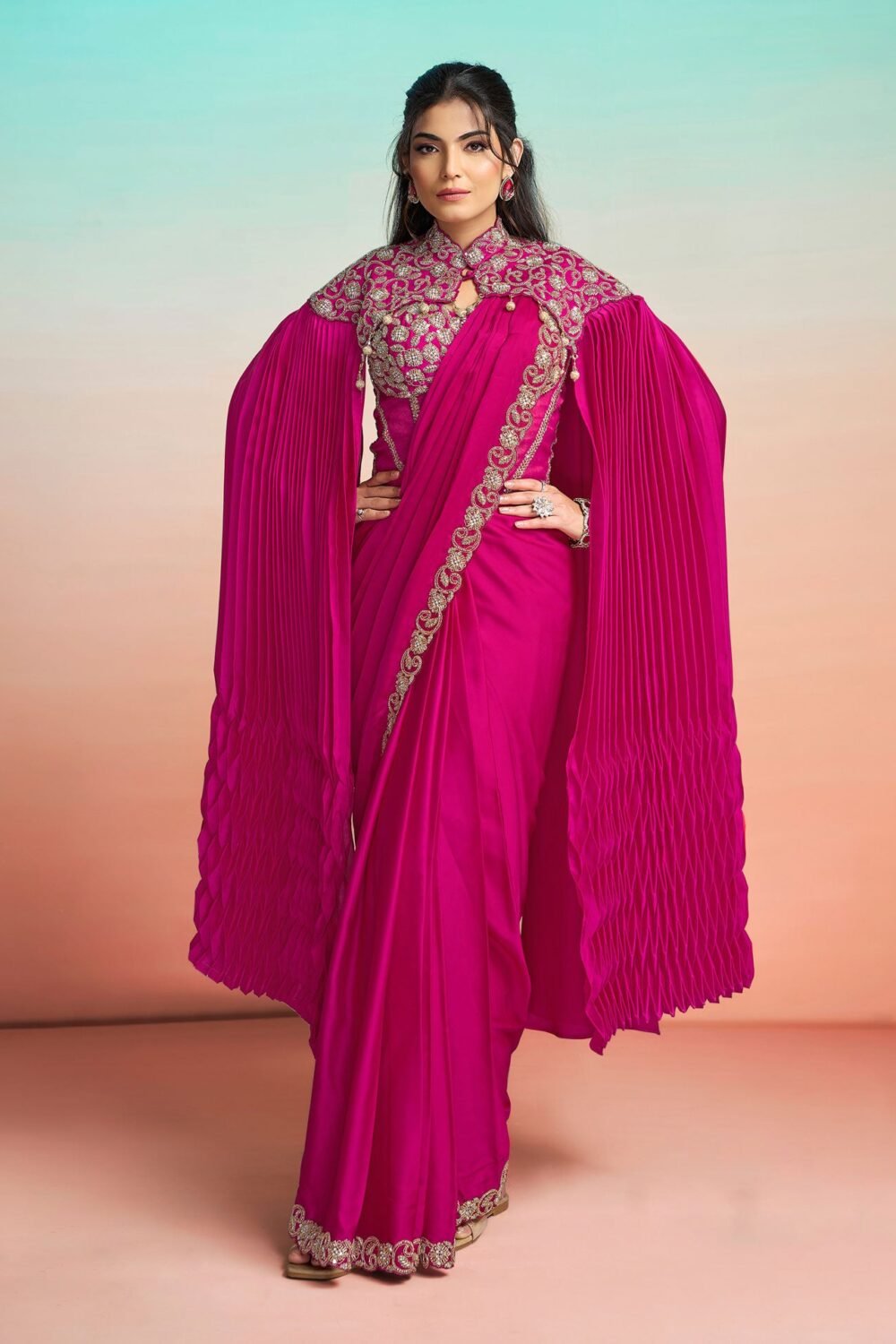 Pink Satin Silk Zardosi Work Women One Minute Saree With Stitched Blouse