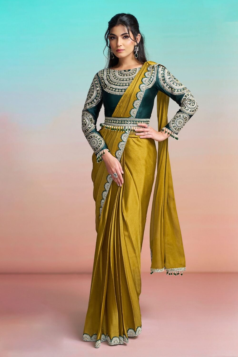 Mustard Green Georgette Chiffon Satin Women One Minute Saree With Stitched Blouse