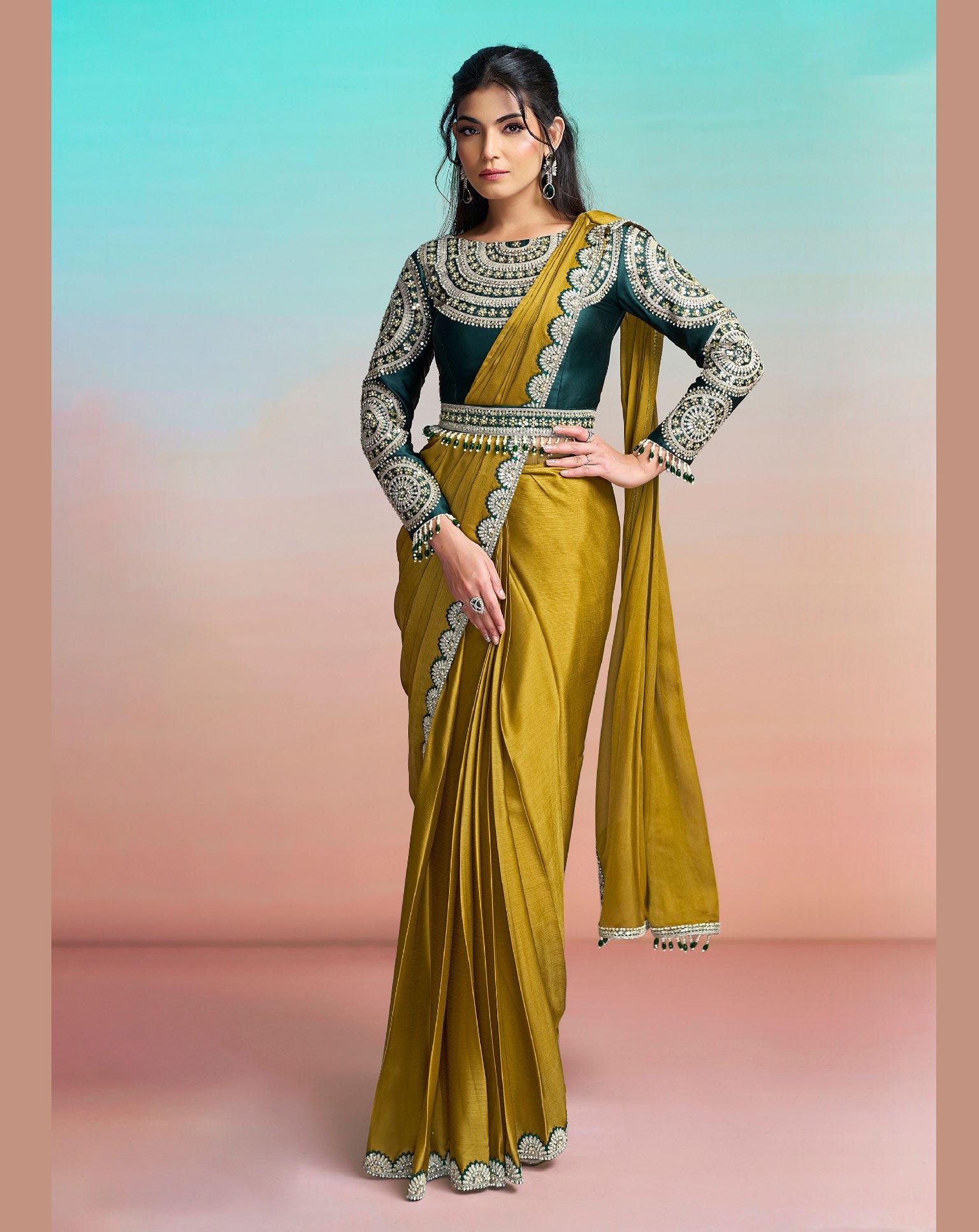 Mustard Green Georgette Chiffon Satin Women One Minute Saree With Stitched Blouse