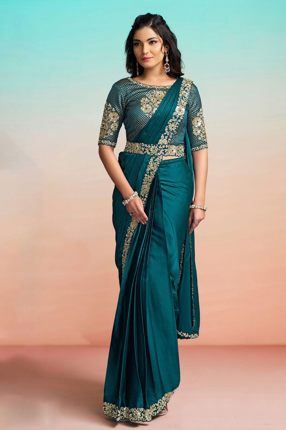Teal Lustrous Satin Silk Women One Minute Saree With Stitched Blouse