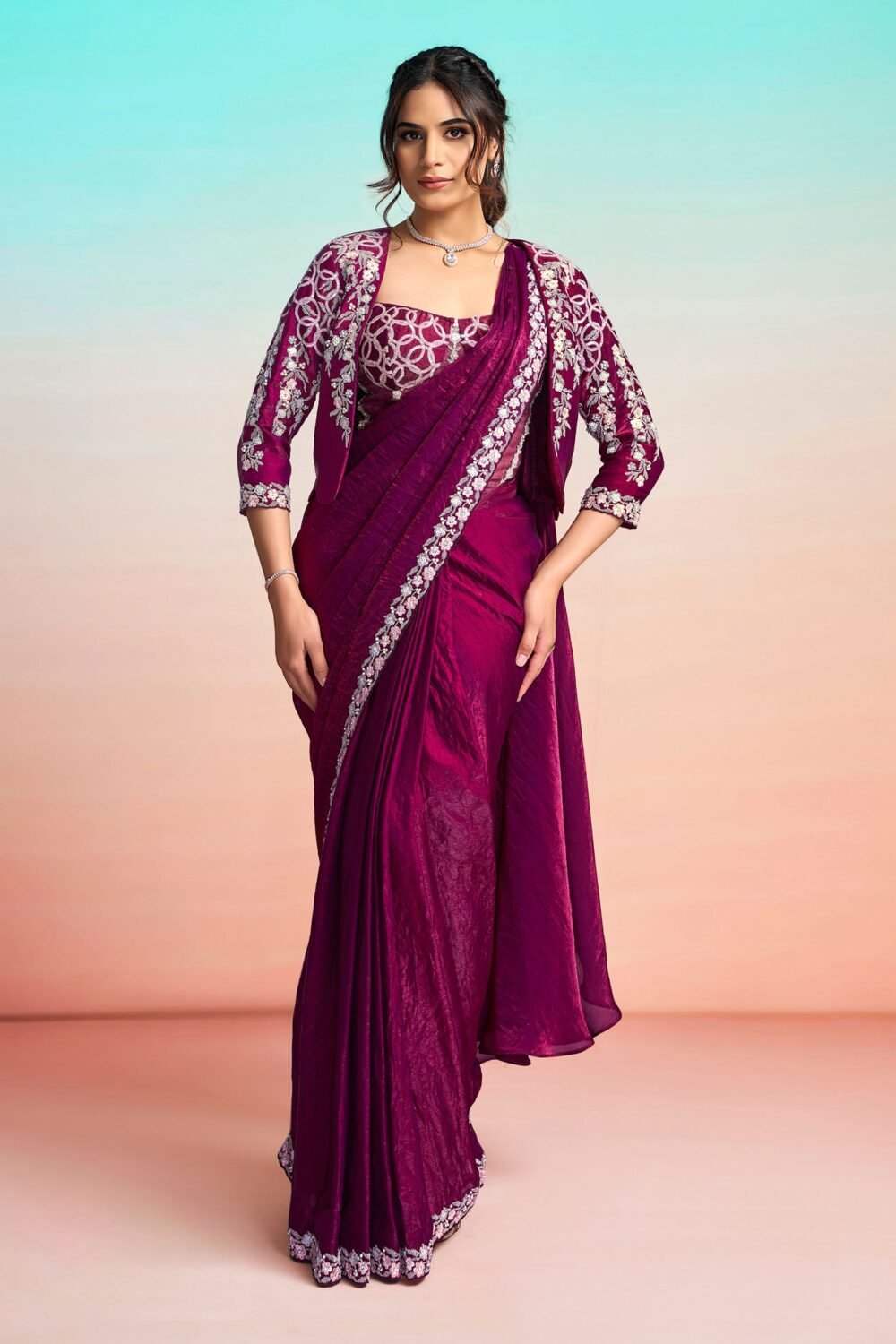 Maroon Two Tone Satin Silk Women One Minute Saree With Stitched Blouse
