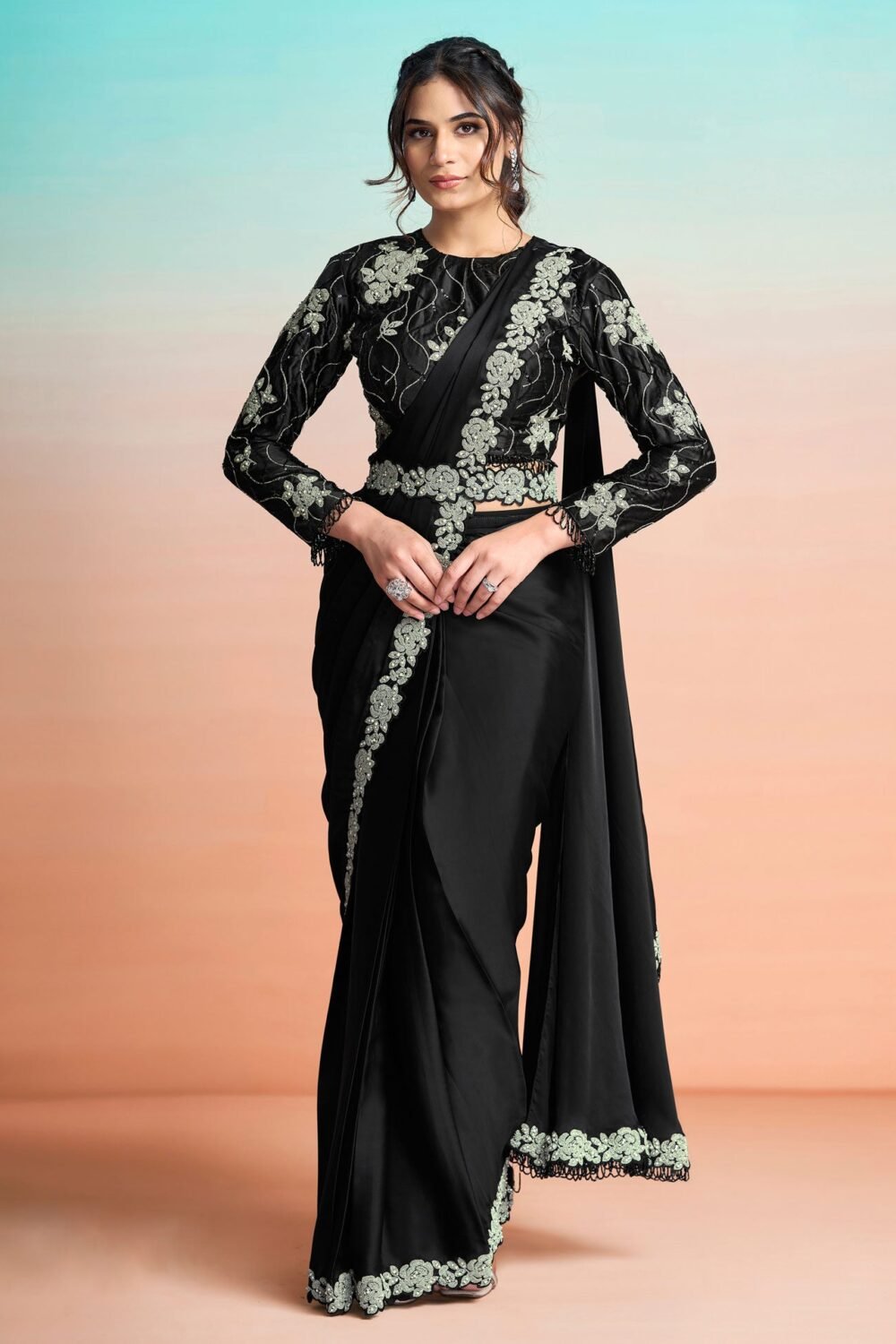 Black Lustrous Satin Silk Women One Minute Saree With Stitched Blouse