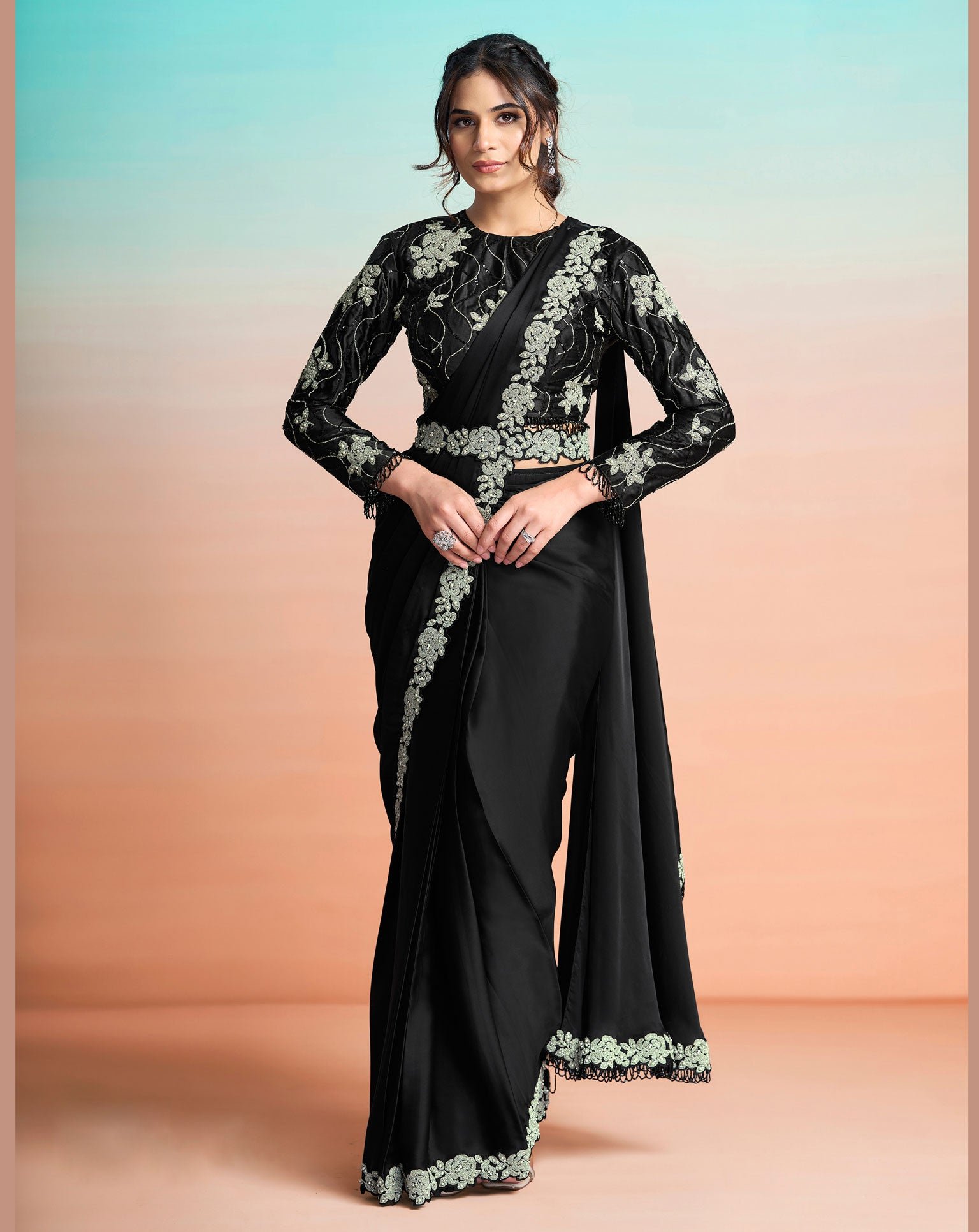 Black Lustrous Satin Silk Women One Minute Saree With Stitched Blouse