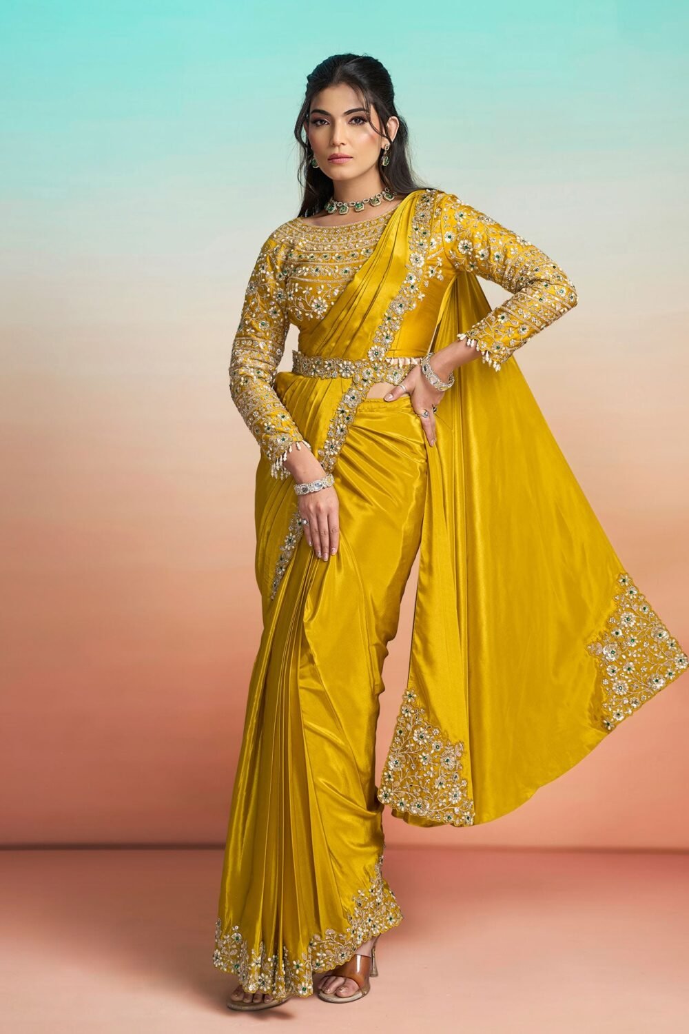 Mustard Yellow Crepe Satin Women One Minute Saree With Stitched Blouse