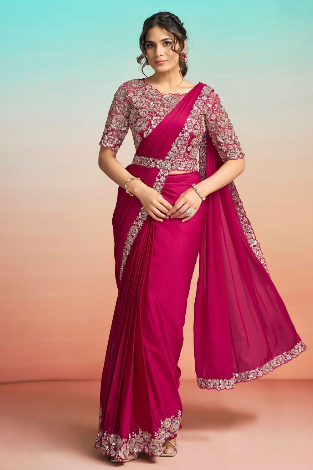 Rani Pink Lustrous Satin Silk Women One Minute Saree With Stitched Blouse