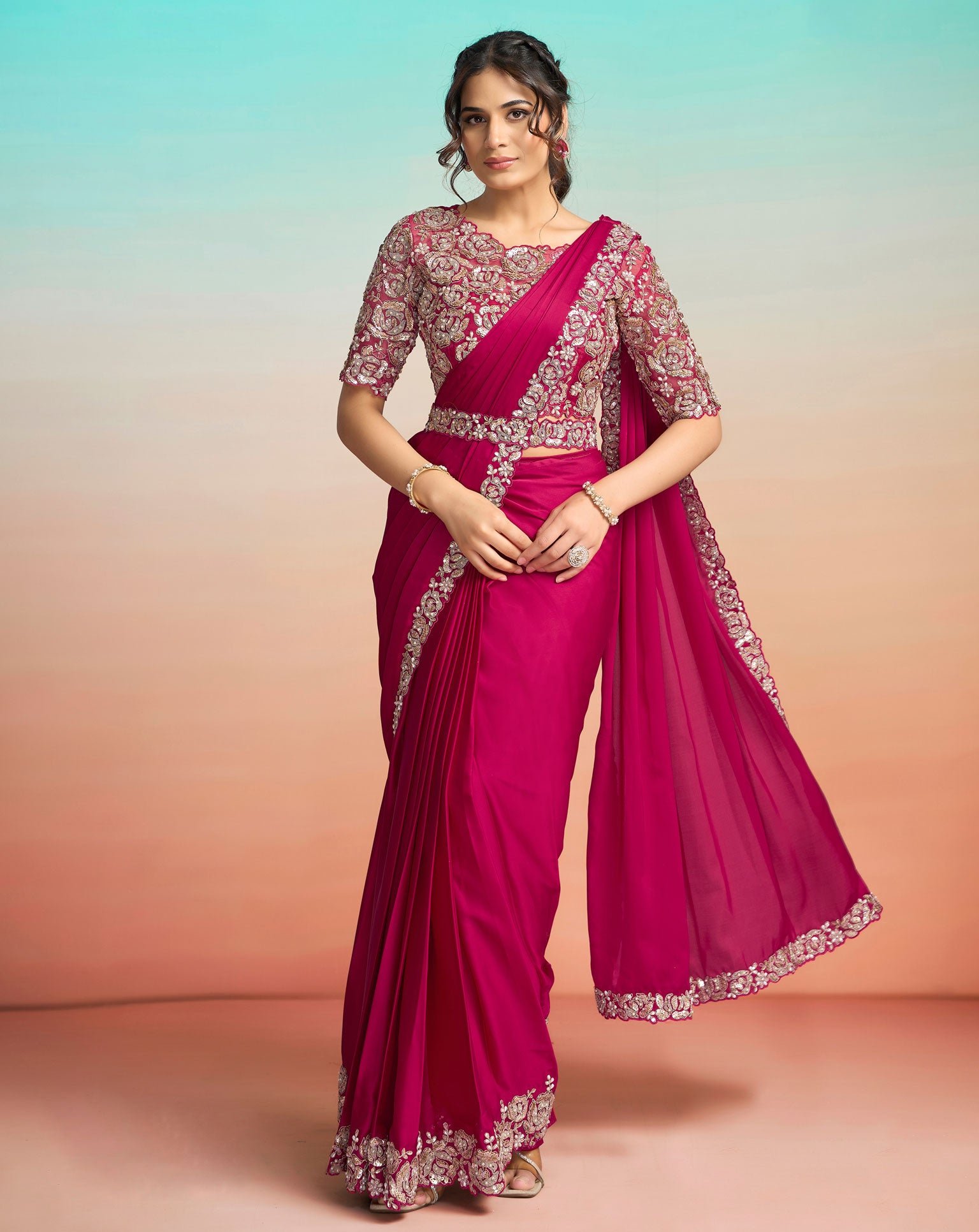 Rani Pink Lustrous Satin Silk Women One Minute Saree With Stitched Blouse