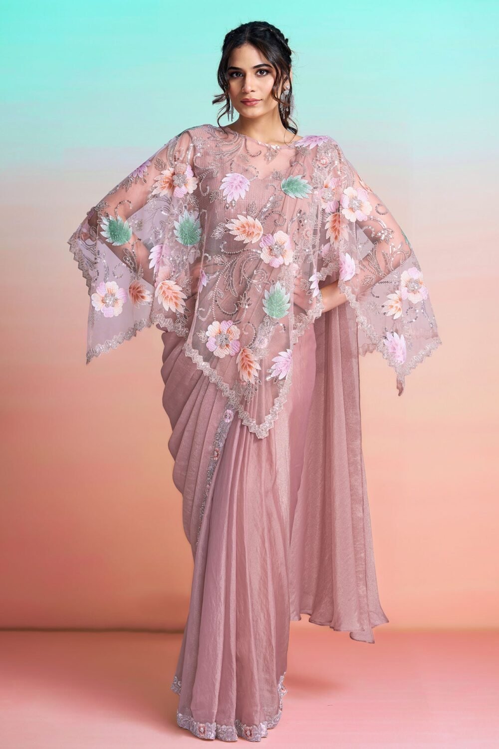 Peach Georgette Satin Women One Minute Saree With Stitched Blouse