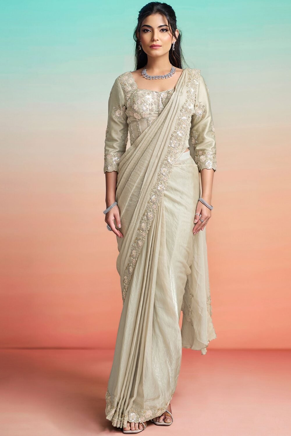 Pearl Grey Two Tone Satin Silk Women One Minute Saree With Stitched Blouse