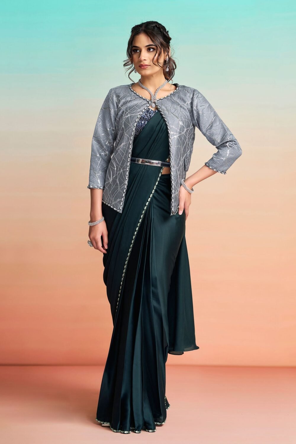 Navy Blue Lustrous Satin Silk Women One Minute Saree With Stitched Blouse