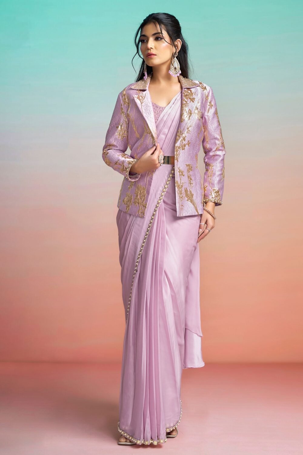 Lavender Lustrous Satin Silk Women One Minute Saree With Stitched Blouse