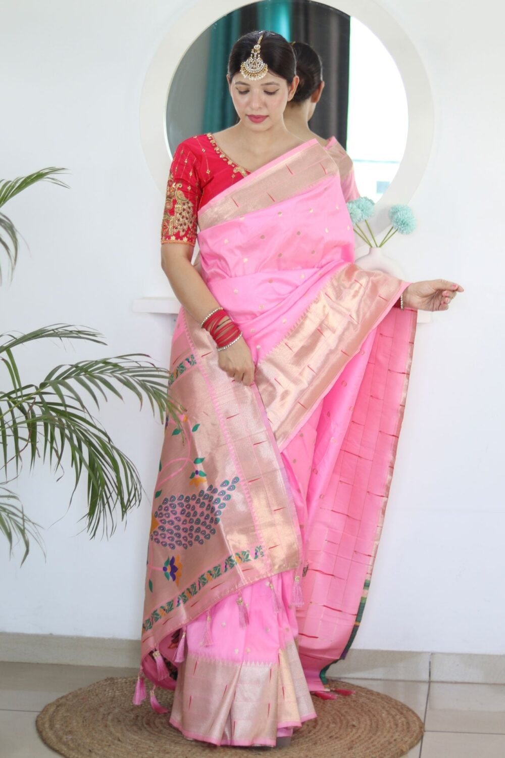 Light Pink Paithani Silk Woven Jacquard Saree With Maroon Embroidered Art Silk Blouse