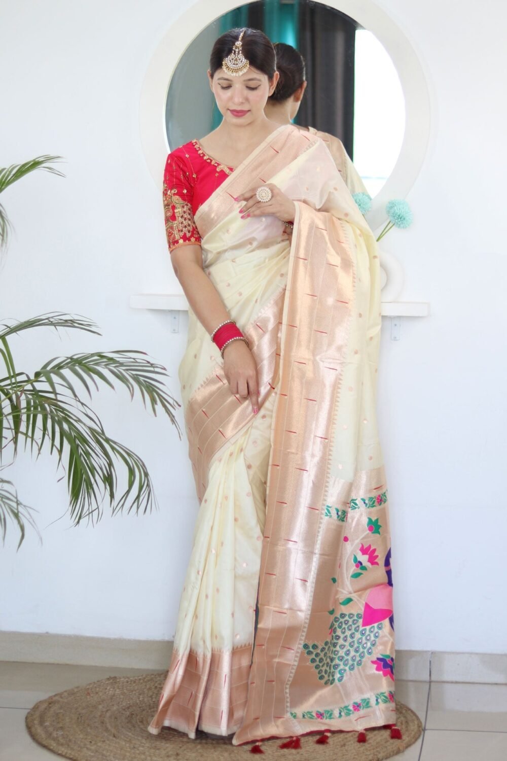 Cream Paithani Silk Woven Jacquard Saree With Maroon Embroidered Art Silk Blouse