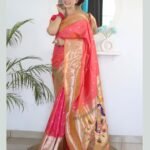 Carrot Red Paithani Silk Woven Jacquard Saree With Maroon Embroidered Art Silk Blouse