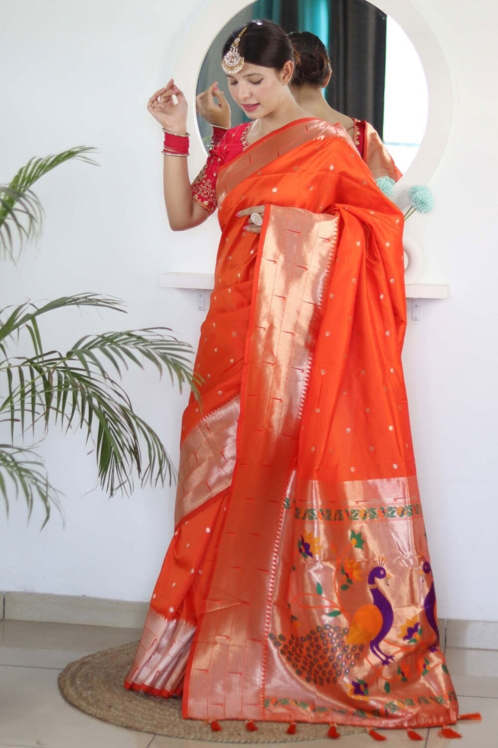 Orange Paithani Silk Woven Jacquard Saree With Maroon Embroidered Art Silk Blouse